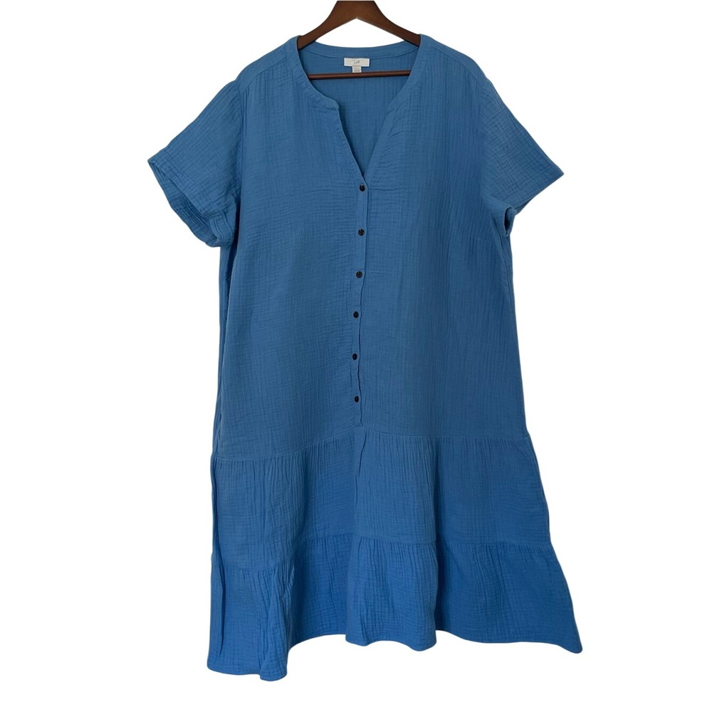 J Jill XL Blue Cotton Double Gauze Tiered Midi Dress Coastal Boho Lagenlook